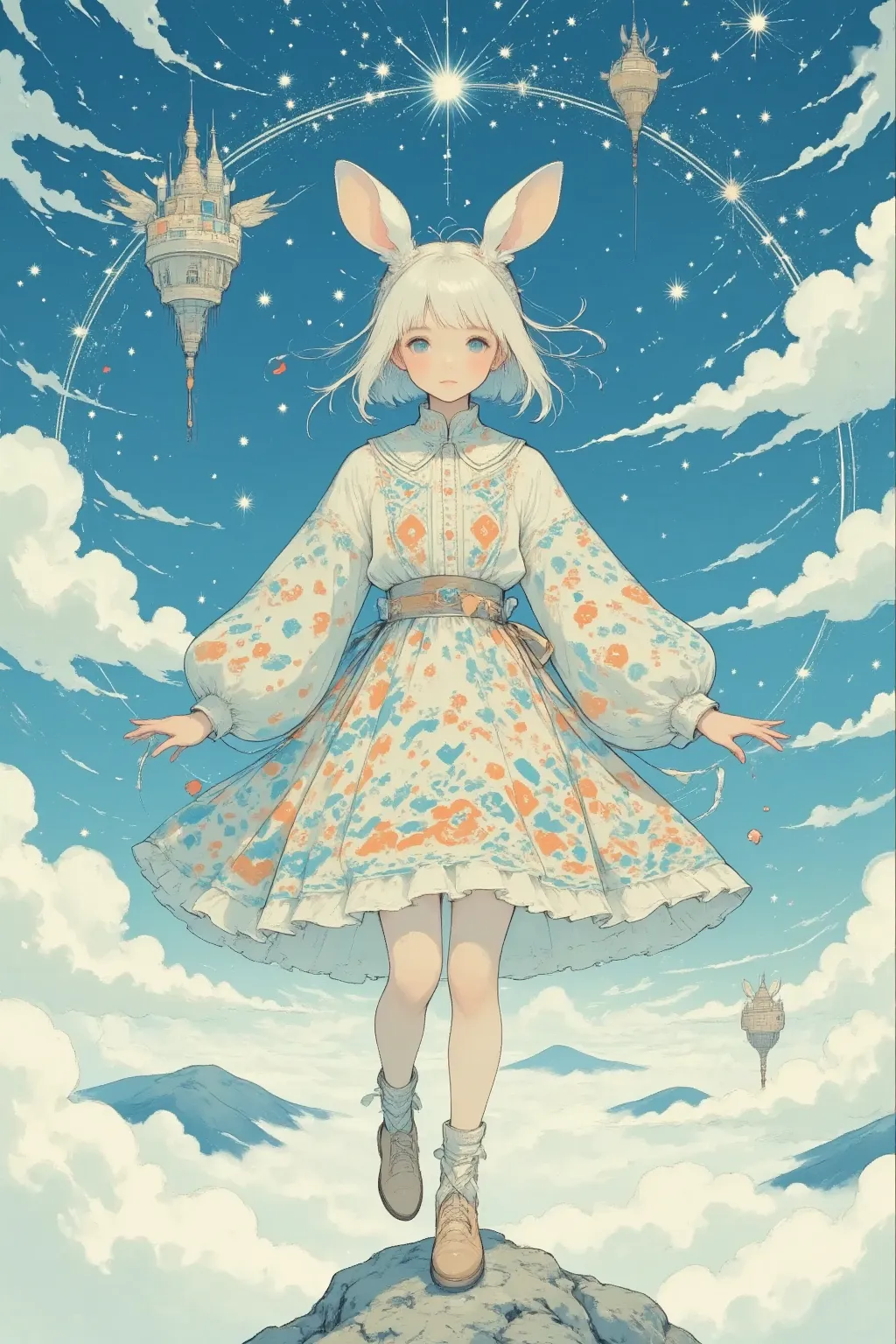 "High above the mundane world, amidst a castle built upon the clouds, (a whimsical girl with hamster ears, her clothes a mosaic of Nordic patterns) dances gracefully. This 'Blue Future' styled artwork captures her joy and wonder as she moves, accompanied b...