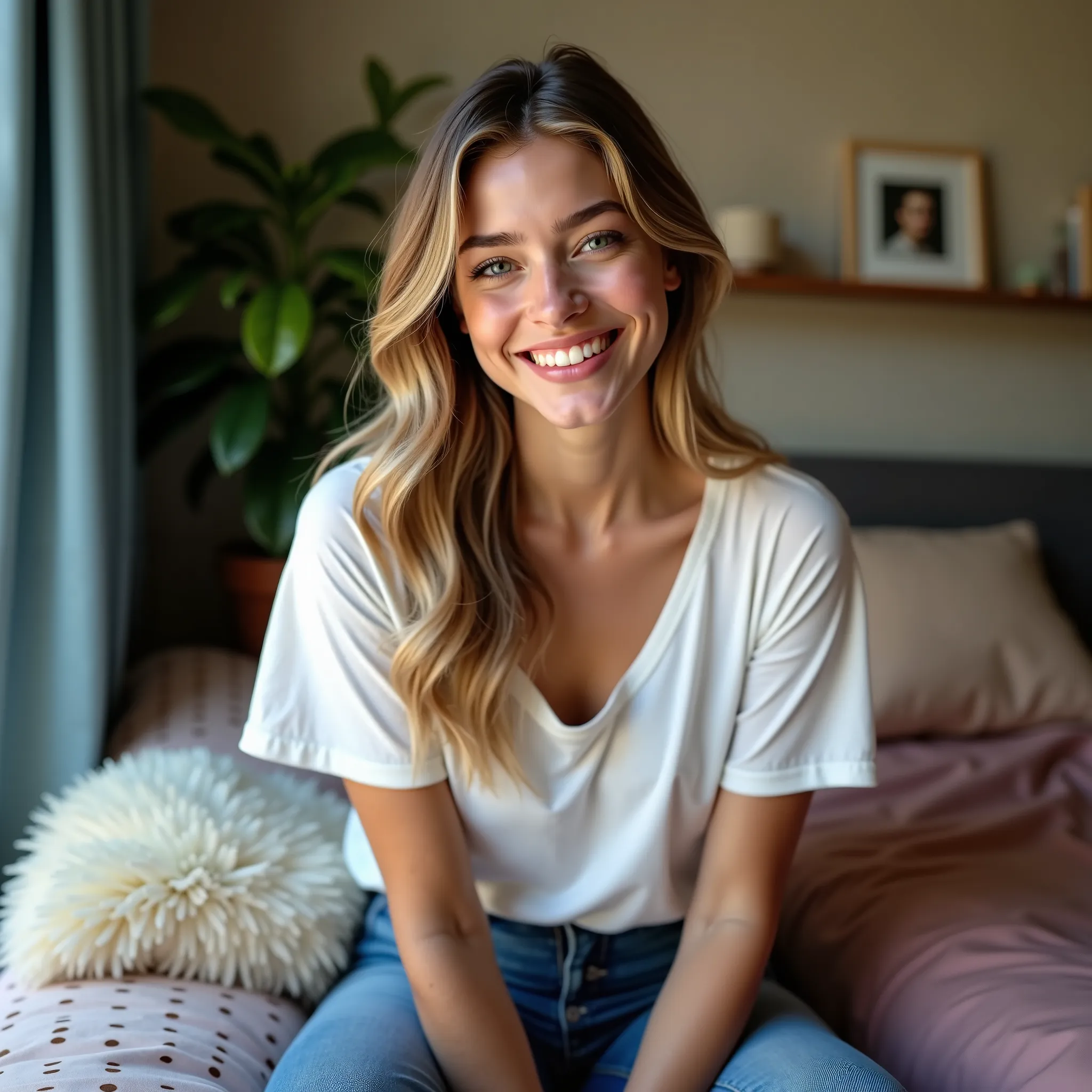 (best quality,4k,8k,highres,masterpiece:1.2),ultra-detailed, 1girl, Greek Goddess Aphrodite as a college student, jeans, t-shirt, sitting on a bed in a dorm room, chearful smile on her face, HDR, 8k, absurdres, cinestill 800, sharp focus, ((intricate detai...