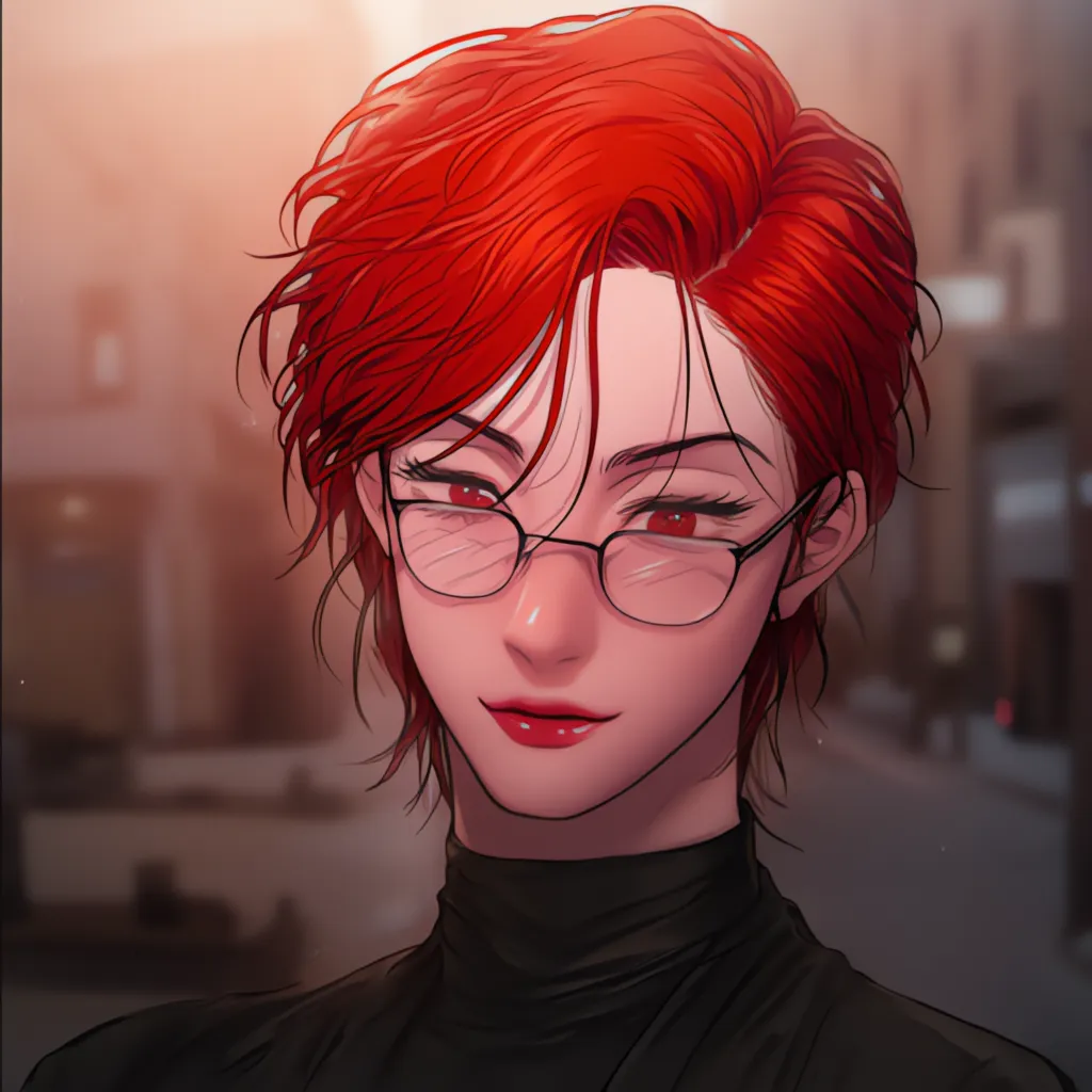 I want a woman with red hair cut and glasses 