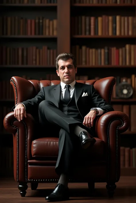 Wear a black suit, sit in a leather chair