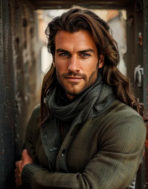 Medium tousled dark brown hair handsome attractive man, wearing a black turtle neck sweater and jeans , Tall 1.85 metres, English Male, muscular, thin, unshaved stubble beard, defined male jaw, olive skin, tanned, handsome green eyes, deep sight, soft smil...