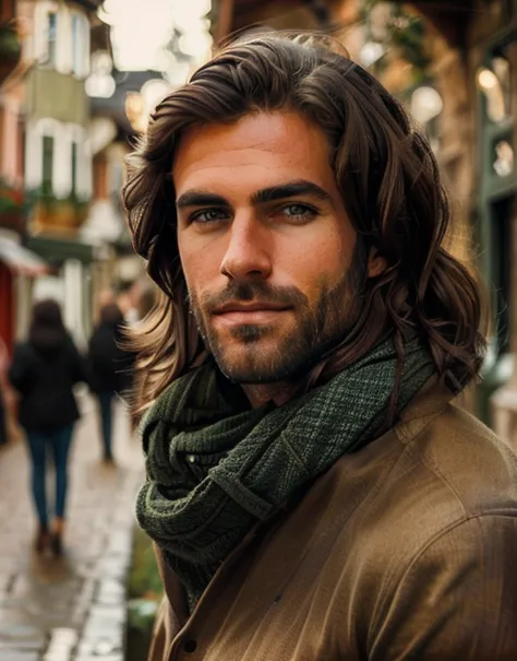 Medium tousled dark brown hair handsome attractive man, wearing a black turtle neck sweater and jeans , Tall 1.85 metres, English Male, muscular, thin, unshaved stubble beard, defined male jaw, olive skin, tanned, handsome green eyes, deep sight, soft smil...