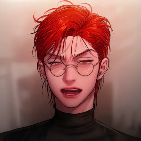 A woman with red hair cut (like a man) with brown eyes and rond glasses 