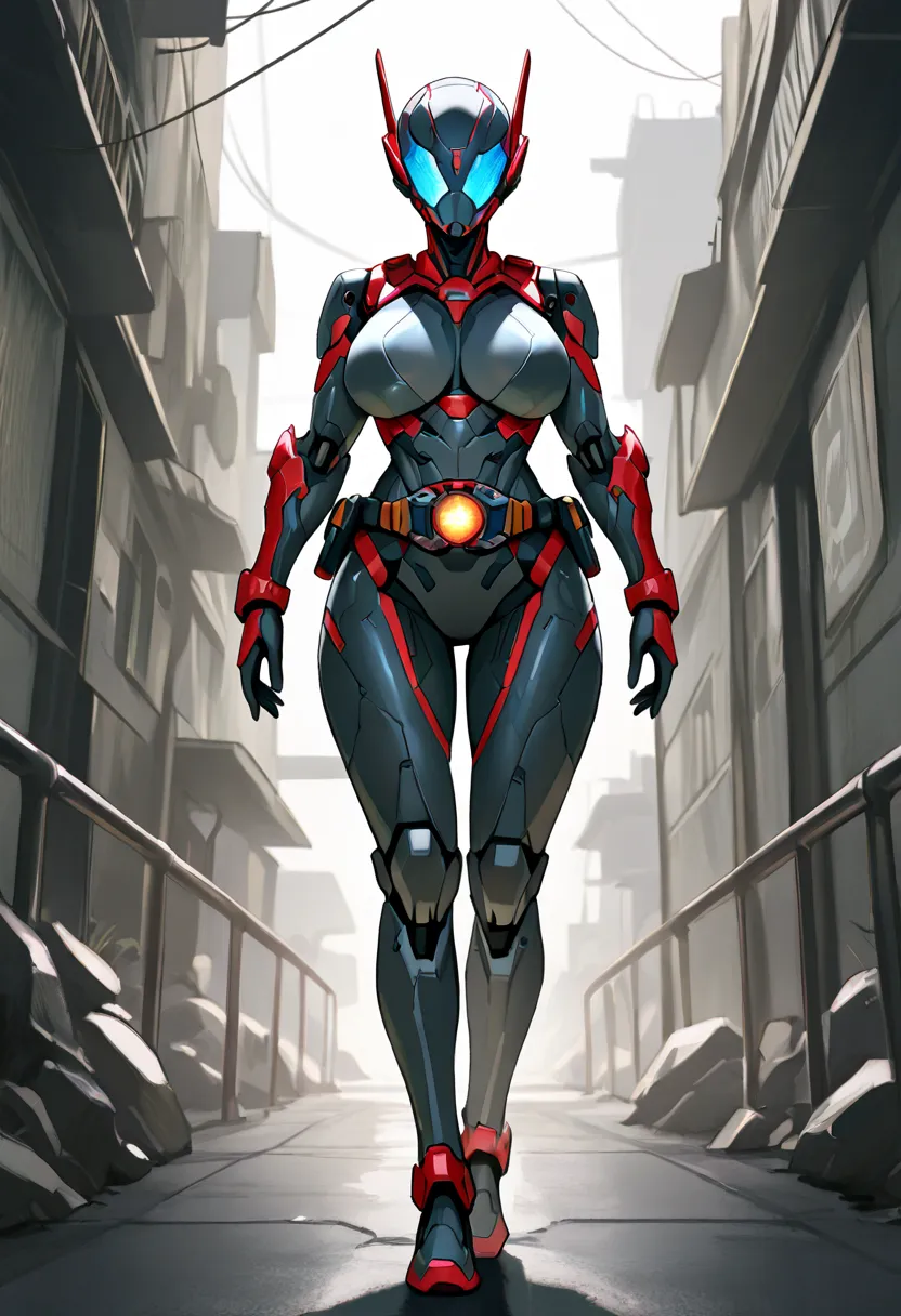 Top quality, full body, standing, from front,looking at viewer, no human features, female cyborg,フルフェイスマスク,large breasts, perfect body,non-human features,no human face,cyber armor, rider belt、