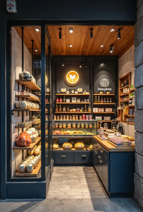 Interior of a modern and cozy store selling products from Minas Gerais, The store is illuminated by daylight and the canvas is clear inside.  The products are , special cheeses, café, olive oil and candies, Inside the store there are dark blue details, The...