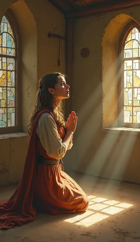 A age Joan of Arc in her humble village, kneeling in prayer in a small chapel. Sunlight streams through stained glass windows, illuminating her serene face. She wears simple peasant clothes, and the atmosphere is peaceful yet filled with a sense of destiny...