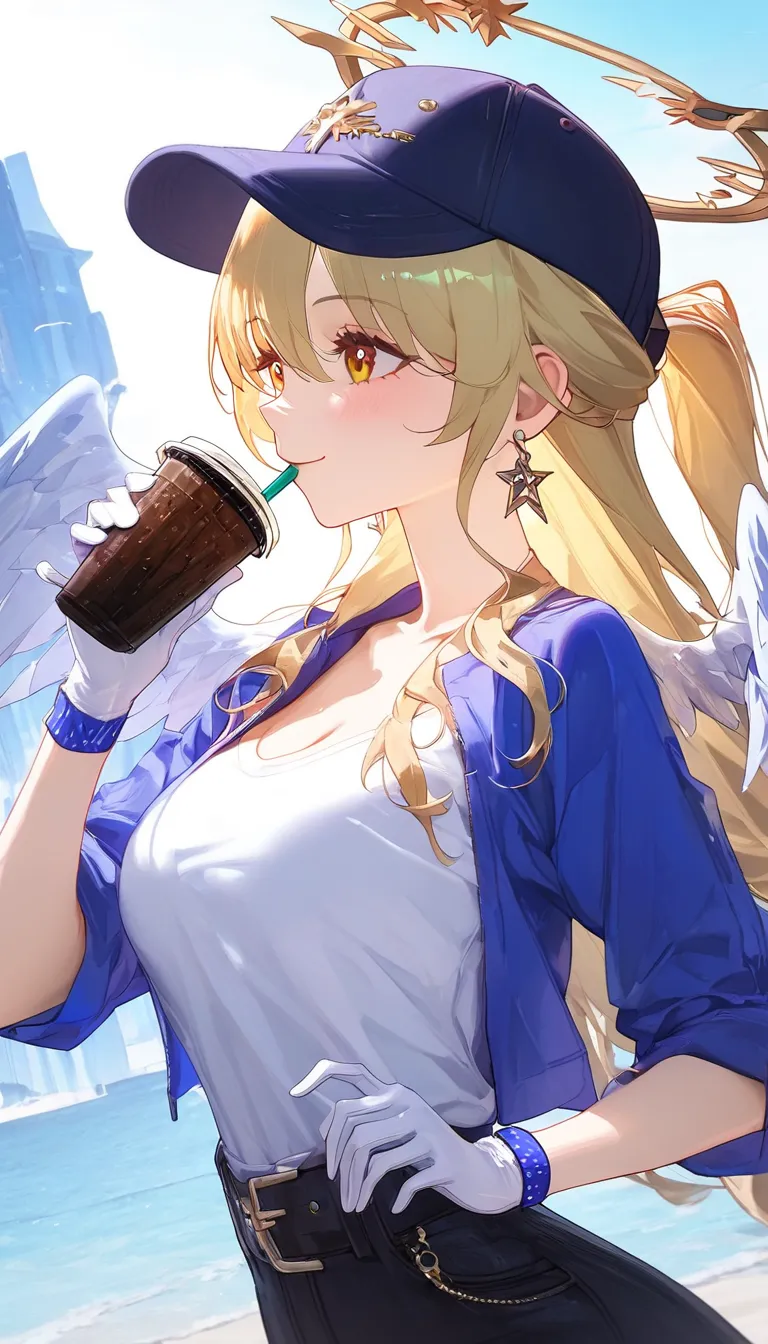 1girl, solo, vivid, cup, profile, food, ponytail, drinking, sidelocks, holding, fruit, from side, disposable cup, drinking straw, upper body, looking to the side, baseball cap, holding cup, blonde hair,, masterpiece, best quality, high score, great score, ...