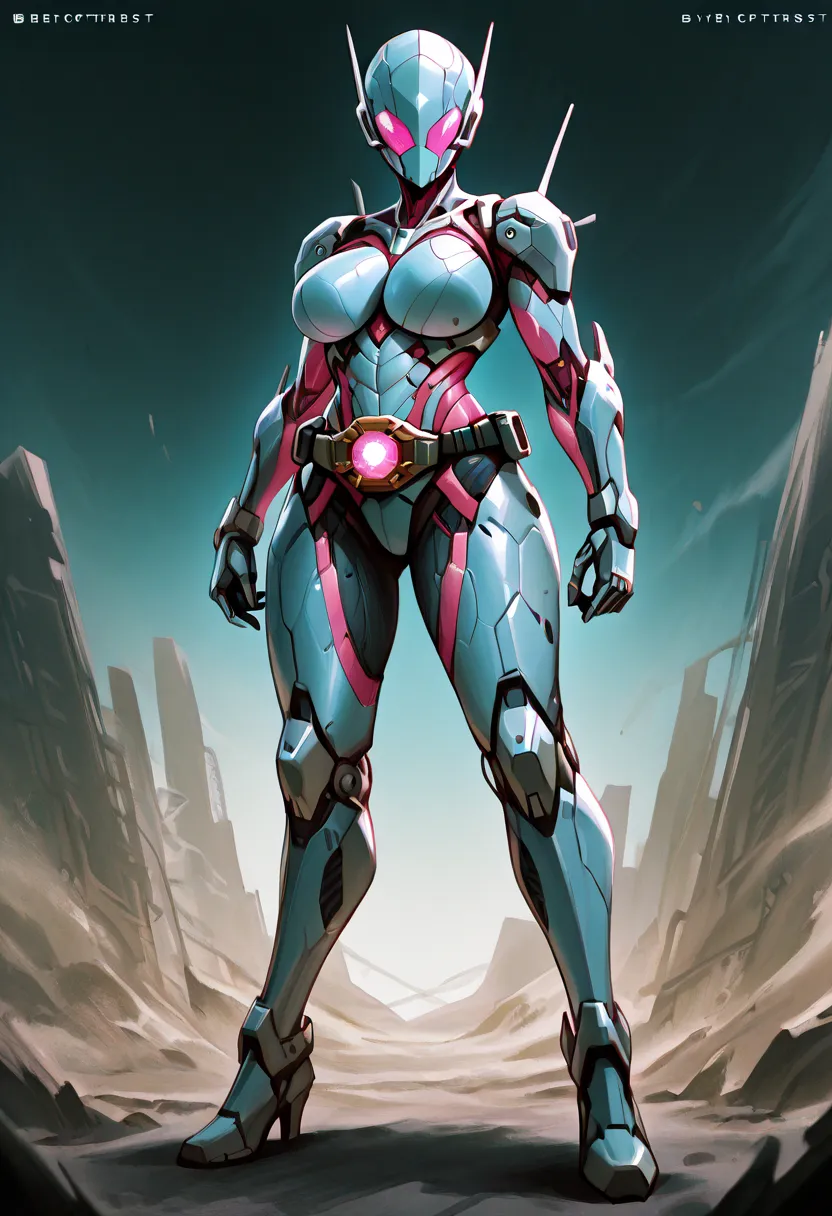 Top quality, full body, standing, from front,looking at viewer, no human features, female cyborg,フルフェイスマスク,large breasts, perfect body,non-human features,no human face,cyber bio armor, rider belt