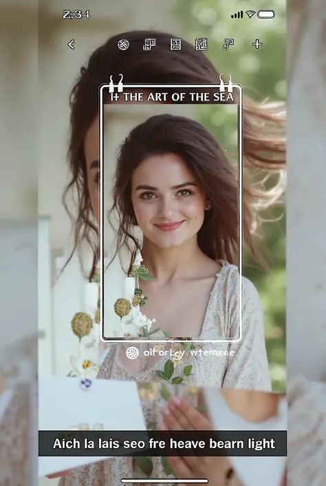  Beautiful girl with wavy long hair in a bohemian dress, Holding a white board marked "I Love Seaart Infinity" and showing it to the viewer