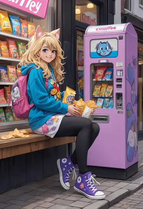 profile oil painting of a beautiful RPG blonde smiling girl with a packet of potato chips in hand long messy hair, wearing leggings with a print of comic book characters, blue Converse sneakers, a black and pink hooded sweatshirt, white leggings, a backpac...