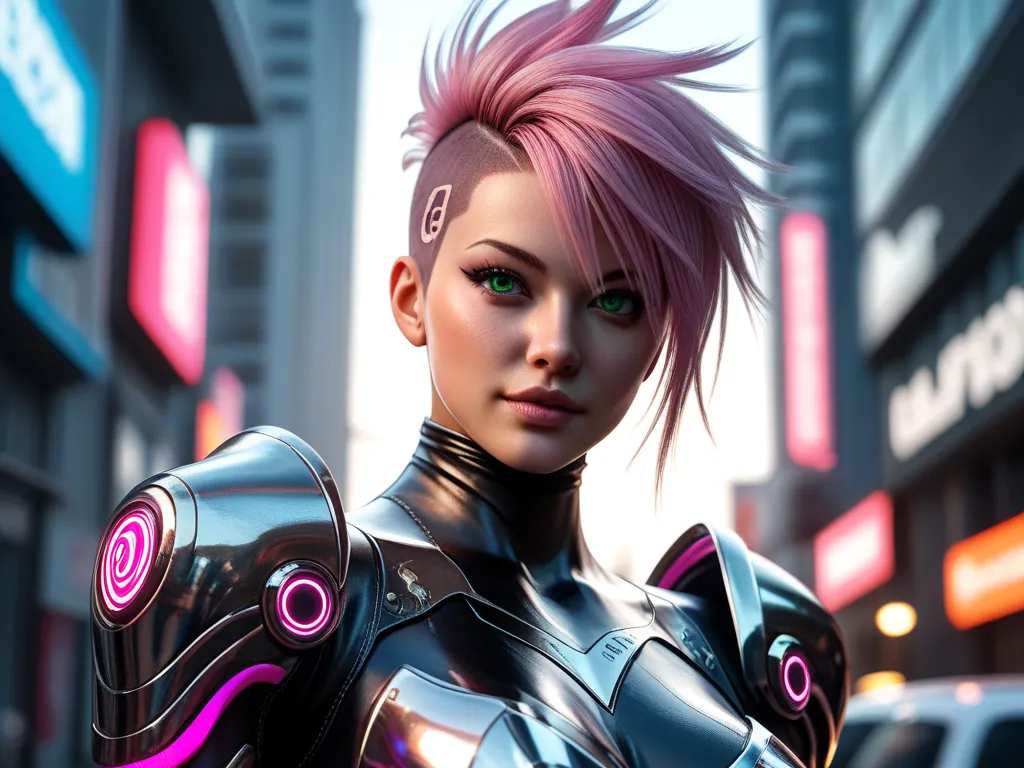 A 3D anime style woman with pink punk hair and green eyes wearing white and black technological armor in a futuristic city. ((3/4 body image))