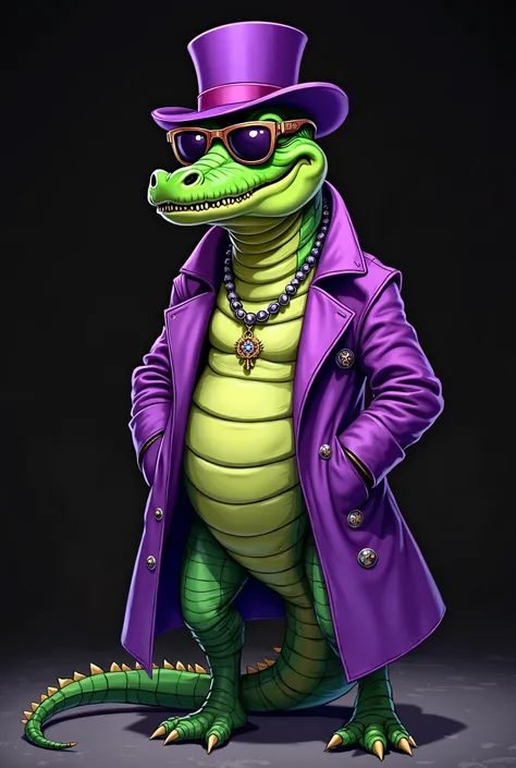 Create a vibrant realistic illustration of a big green alligator wears a purple coat standing on a floor. The alligator is tough-looking gangster with a smirk smile, wearing a purple top hat. He tilts his sunglasses down, revealing his sharp both eyes with...