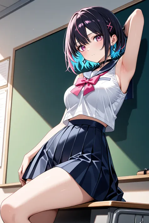 (anime, best quality, masterpiece), hot figure cute girl pink short hairs in a sleeveless (school uniform) and mini skirt teaching in a classroom near blackboard, flaunting her hot body