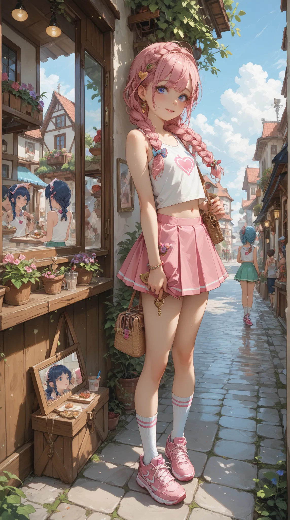 Small Loli, girl s,  big boobs, long green braided hair ,  short white tank top , short pink skirt,  white socks ,  pink sneakers , A mirror on the ground between the legs, In reflection , A pair of blue panties,  Stands on the sidewalk in a small rural to...