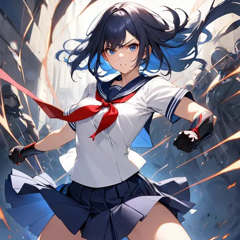 Top quality, A superhuman female warrior dressed in a Japanese high school uniform, ready for battle. She is wearing a traditional sailor-style uniform, consisting of a white blouse with a navy blue collar, a matching navy blue skirt, and a red ribbon tie....