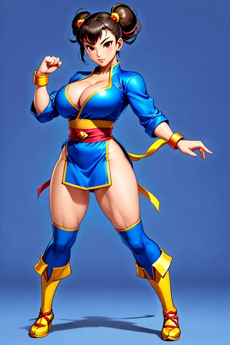 (((Full-body shot))) (standing pose) Show entire body, show every part of body, feet in view, beautiful female. (((((Large breasts))))) ((wide hips)) (((flat stomach))), (((empty hands))) ((chun-li Street fighter)) low cut shirt