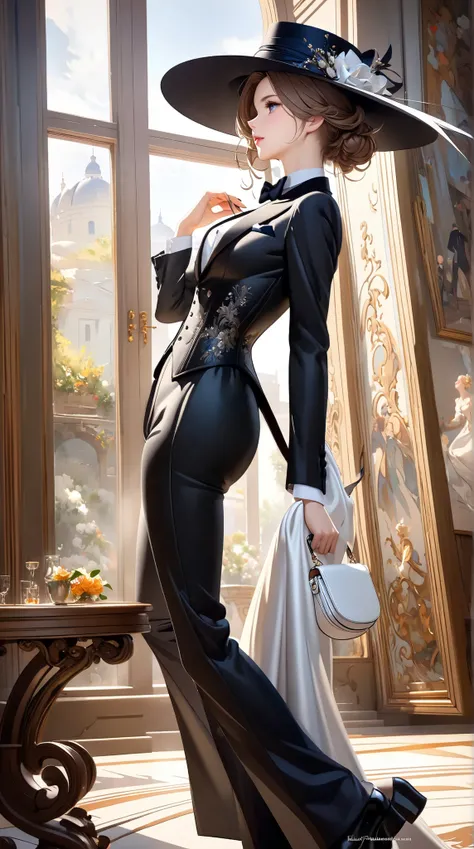 ((TOP QUALITY)),( Ultra High Definition),( very detailed),( detailed description ),((  best CG  )),(  BEST ARTWORK  ),  ultra-precise art,  wonderful painting art,( Exquisite Art:1.5), A beautiful woman in men&#39;s clothing,  beautiful and well-groomed fa...