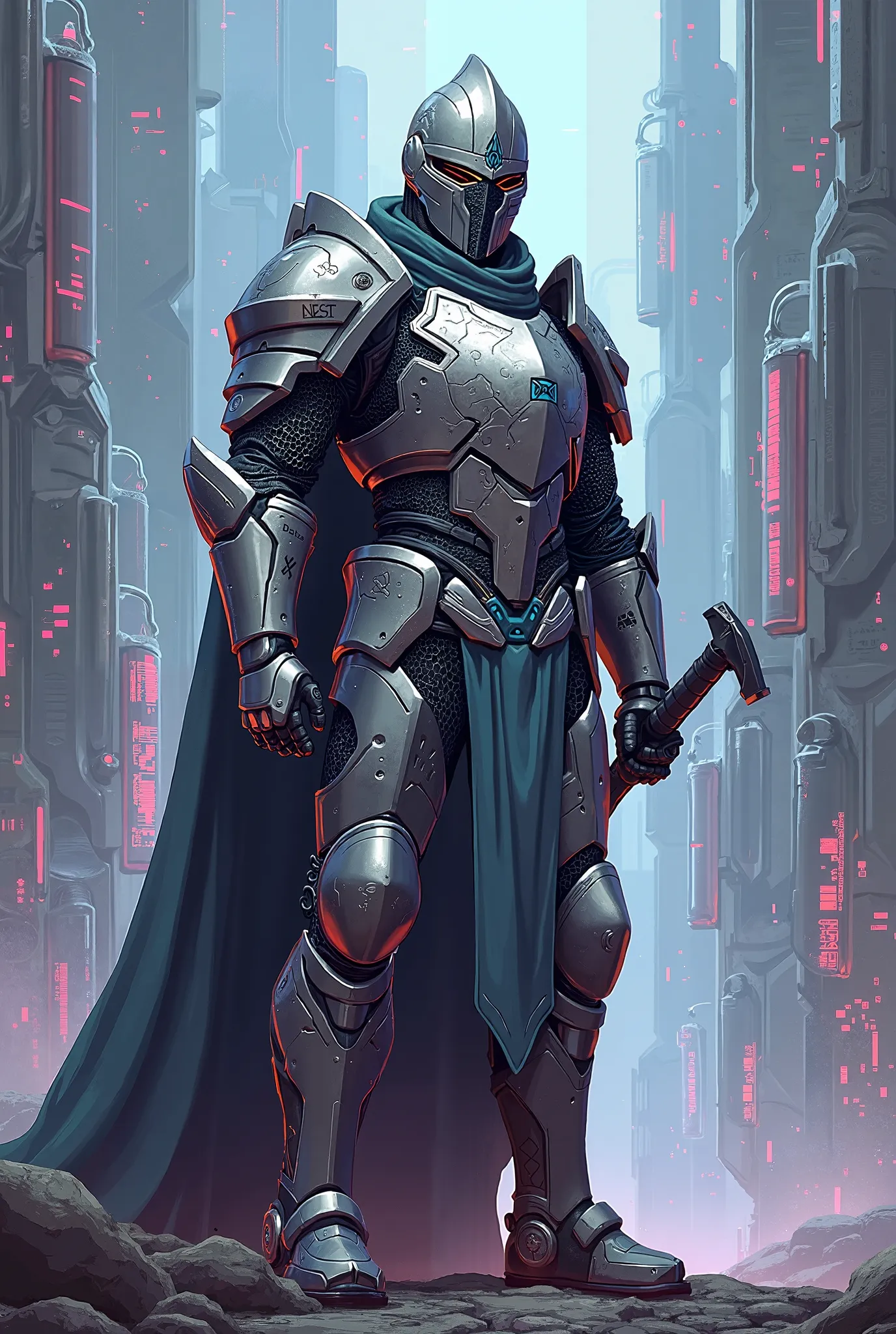 Create a knight in futuristic armor in pixel art 
