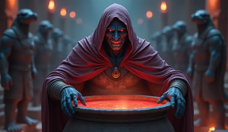 Create a character similar to the image provided, He is a wizard with blue and aged skin, one mummy that wears a red hood.  A master of the underworld with red eyes . He's looking into a huge, large cauldron that bubbles up flames, he and the cauldron are ...