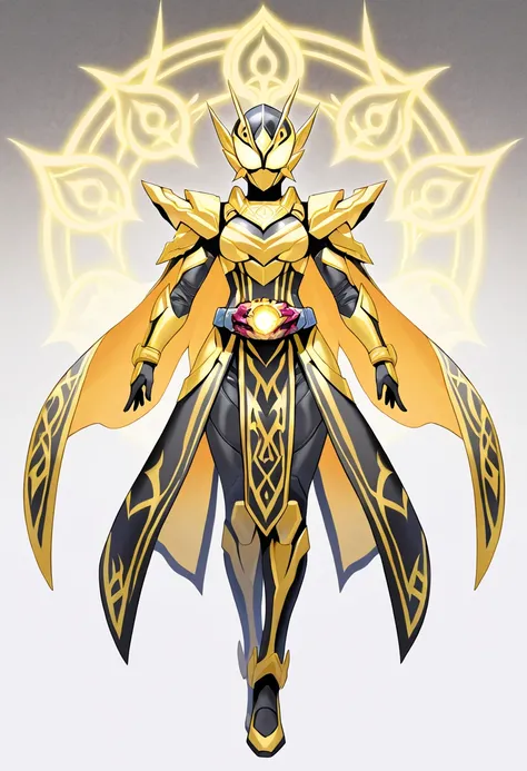 A female tokusatsu hero wearing full-body reinforced armor with no skin or mouth exposed. The armor design exudes a sense of holiness and divinity, resembling a priestess or religious figure. The armor features intricate, sacred patterns and glowing symbol...