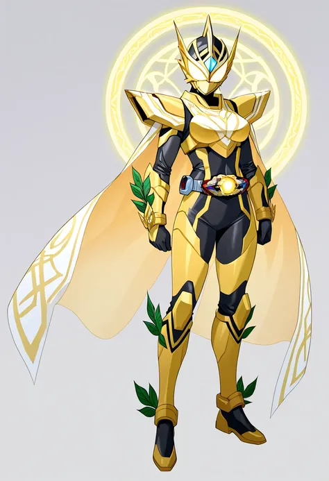 A female tokusatsu hero wearing full-body reinforced armor with no skin or mouth exposed. The armor design exudes a sense of holiness and divinity, resembling a priestess or religious figure. The armor features intricate, sacred patterns and glowing symbol...