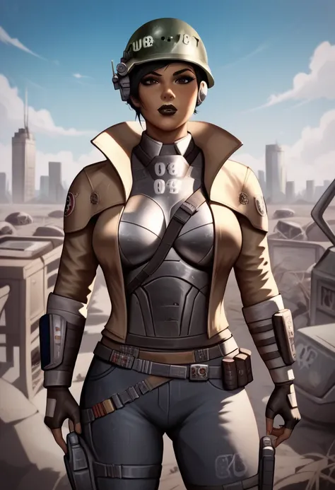 Fallout NCR ranger latina girl, pixie-cut  jet black hair, dark lipstick, caramel skin, NCR Ranger dustier gear, outdoors, city ruined by nuclear war, no helmet, NCR Ranger dustier gear without helmet,  wasteland outdoors, city ruined by nuclear war, no he...