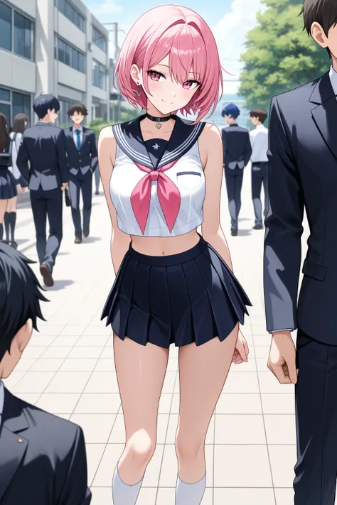 (anime, best quality, masterpiece), hot figure cute girl pink short hairs in a sleeveless (school uniform) and mini skirt white crop top, flaunting her hot body, outside school campus, flirting with boys, in center of boys student group, boys looking towar...