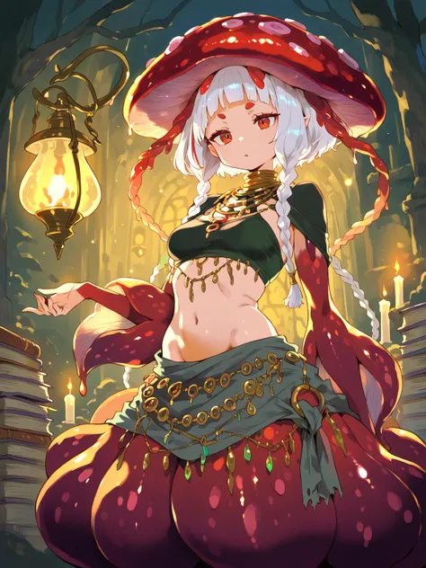 Cavern, lamps, aromatic candles, books, fungus girl, \(solo, short hair, straight bangs, small breasts, long braids, white hair, red hair strands, red fungus head, Crop Top, Layered Necklaces, short eyebrows\)