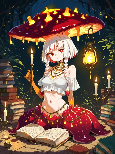 Cavern, lamps, aromatic candles, books, fungus girl, \(solo, short hair, straight bangs, small breasts, long braids, white hair, red hair strands, red fungus head, Crop Top, Layered Necklaces, short eyebrows\)