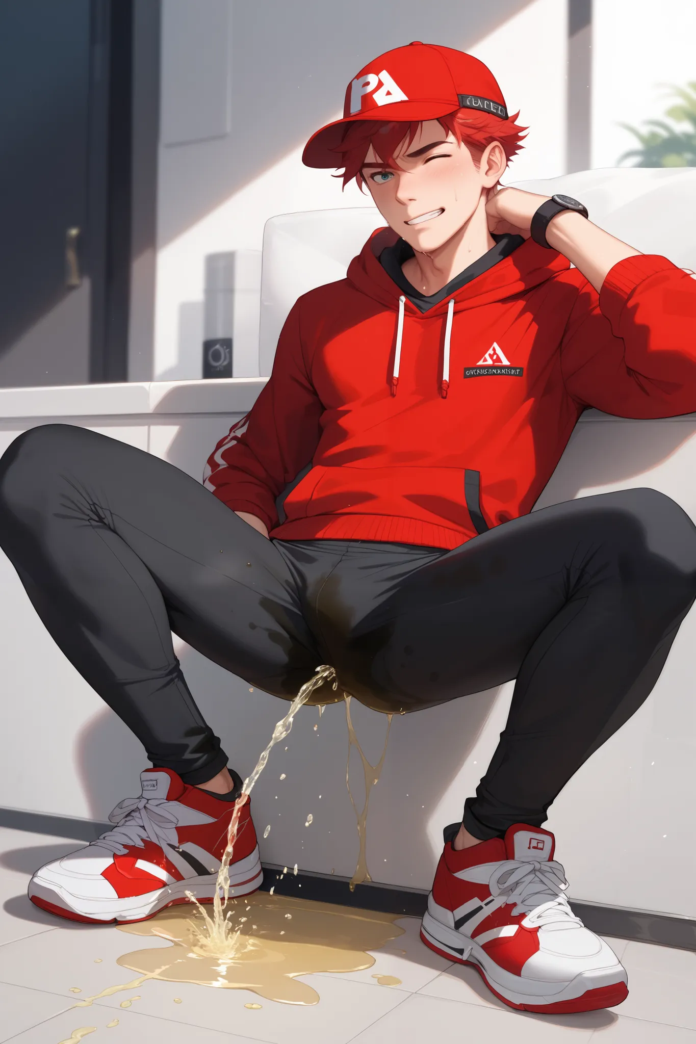 LiaqN.Red haired man.Handsome.Wearing a red hoodie cap black skinny pants Hi Top Sneakers.He couldn't hold his pee.There is a large pee wet spot on his crotch.Pee stain on his pants.Pee wet spot on his crotch.He is ashamed of peeing himself