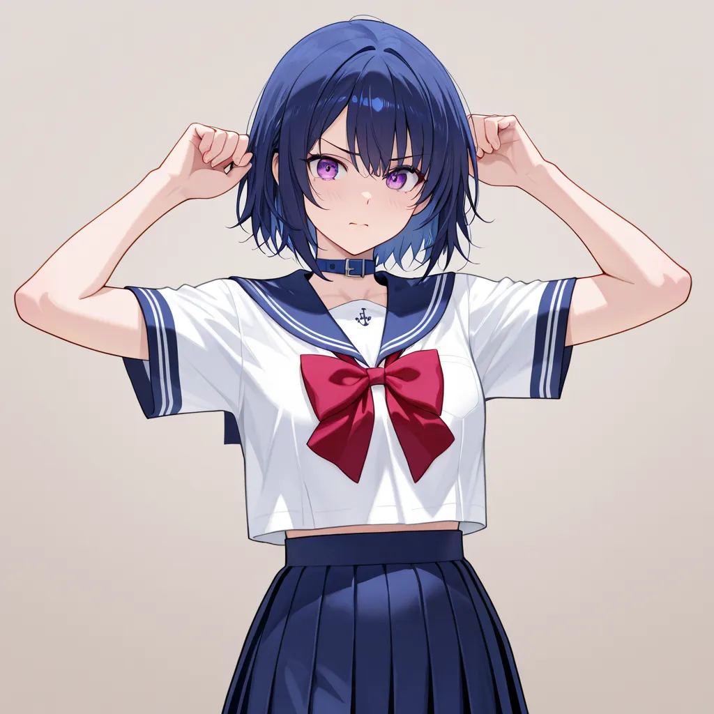 Top quality, A superhuman female warrior dressed in a Japanese high school uniform, ready for battle. She is wearing a traditional sailor-style uniform, consisting of a white blouse with a navy blue collar, a matching navy blue skirt, and a red ribbon tie....