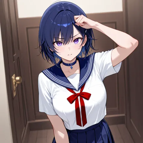 Top quality, A superhuman female warrior dressed in a Japanese high school uniform, ready for battle. She is wearing a traditional sailor-style uniform, consisting of a white blouse with a navy blue collar, a matching navy blue skirt, and a red ribbon tie....