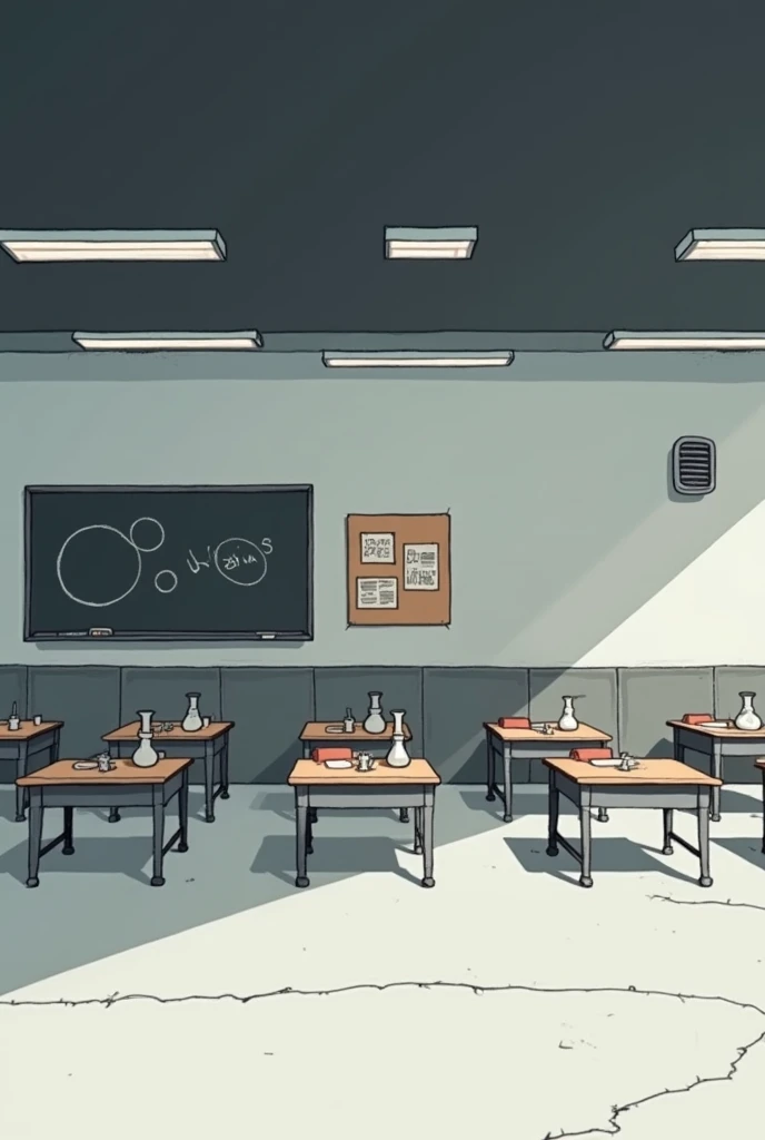 Image is a digital illustration depicting a science lab setting. The layout features a row of eight small science tables with beakers and other science equipment, all aligned against a light gray wall. Above the desks, there is a large blackboard on the le...