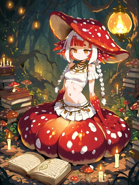 Cavern, lamps, aromatic candles, books, fungus girl, \(solo, short hair, straight bangs, small breasts, long braids, white hair, (red hair strands), red fungus head, white Crop Top, Layered Necklaces, short eyebrows, Mushroom Pleated Mini Skirt\)