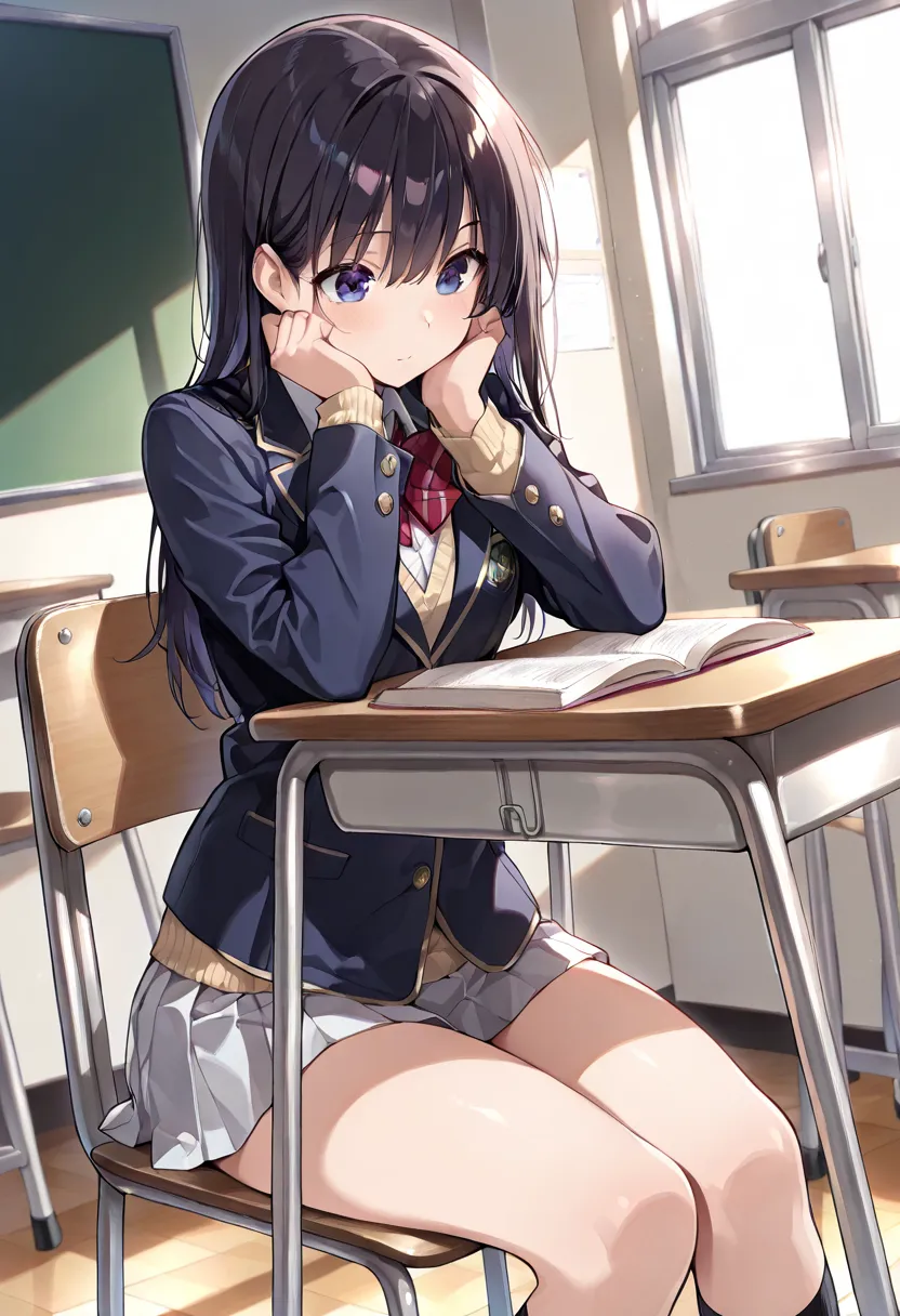 ((masterpiece, best quality, ultra detailed, high resolution, beautiful detailed face, beautiful detailed eyes, perfect hands, 4K)), (1 girl, solo), (school uniform, blazer, mini skirt), studying at a desk, sit on chair, (inside classroom), (Directly in fr...