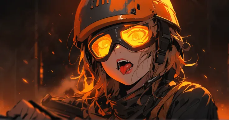 Sexy woman wearing a pubg helmet and holding a gun sticking out her tongue. a wild woman.  Game character, game. The background is orange, the woman is hit by an orange light, everything is orange. lighting orange. 