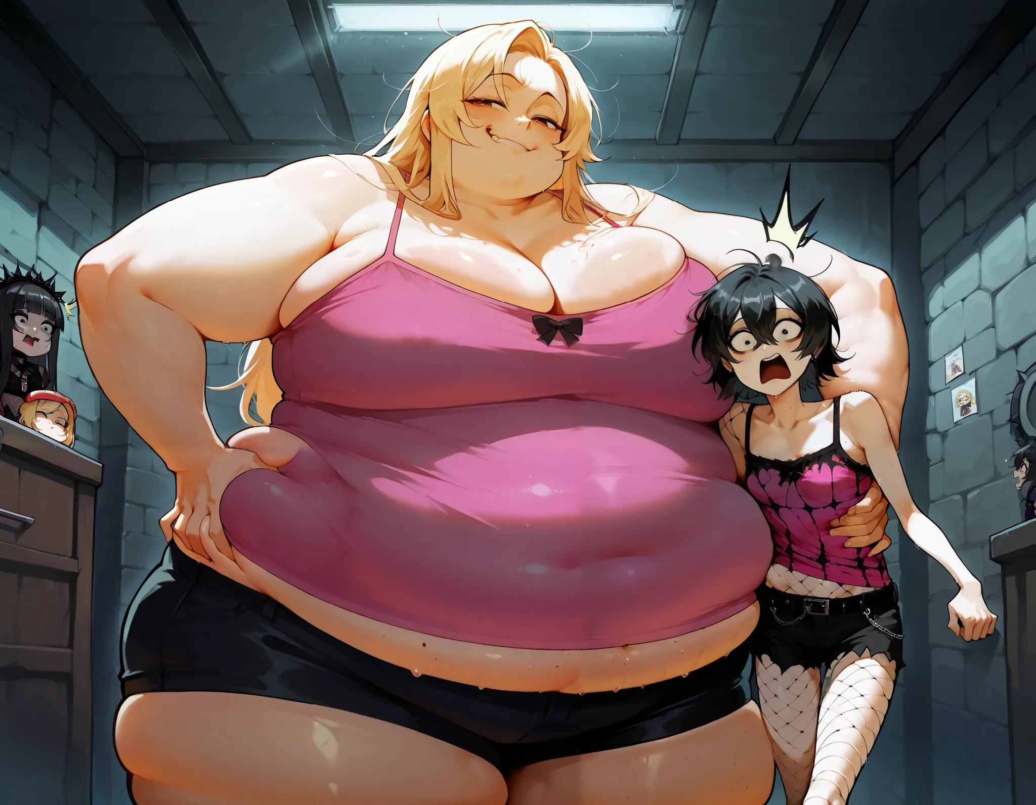 2 girls, (one fat inflated girl, one skinny girl:1.4), (shocked and smug emotions), (wearing goth outfit), (wearing pink camisole and short shorts) (skindentation), , (stringy blonde hair) ( black hair, goth fishnets), (volumetric and specular lighting), (...