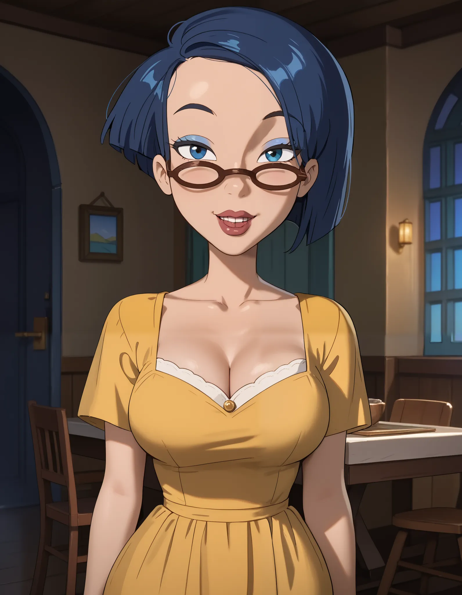 score_9, score_8_up, score_7_up, masterpiece, high quality, best quality, source_cartoon, expressive eyes, perfect face, 1girl, solo, kira_finster, short hair, blue hair, bangs, make up, glasses, lipstick, yellow dress, sleevless, cleavage, wide hips, larg...