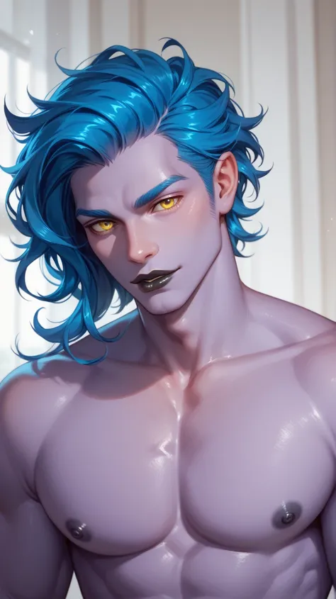 ,Nude Purple skin man with black lips, yellow eyes, blue hair with black nipples, sem censura