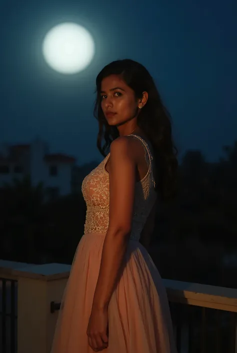 "Aanya, a 25-year-old Indian girl, Aanya in a flowy, semi-sheer dress with intricate details, standing on a balcony under the moonlight. Her posture is confident, and she’s looking over her shoulder with a seductive yet serene expression. The moon casts a ...