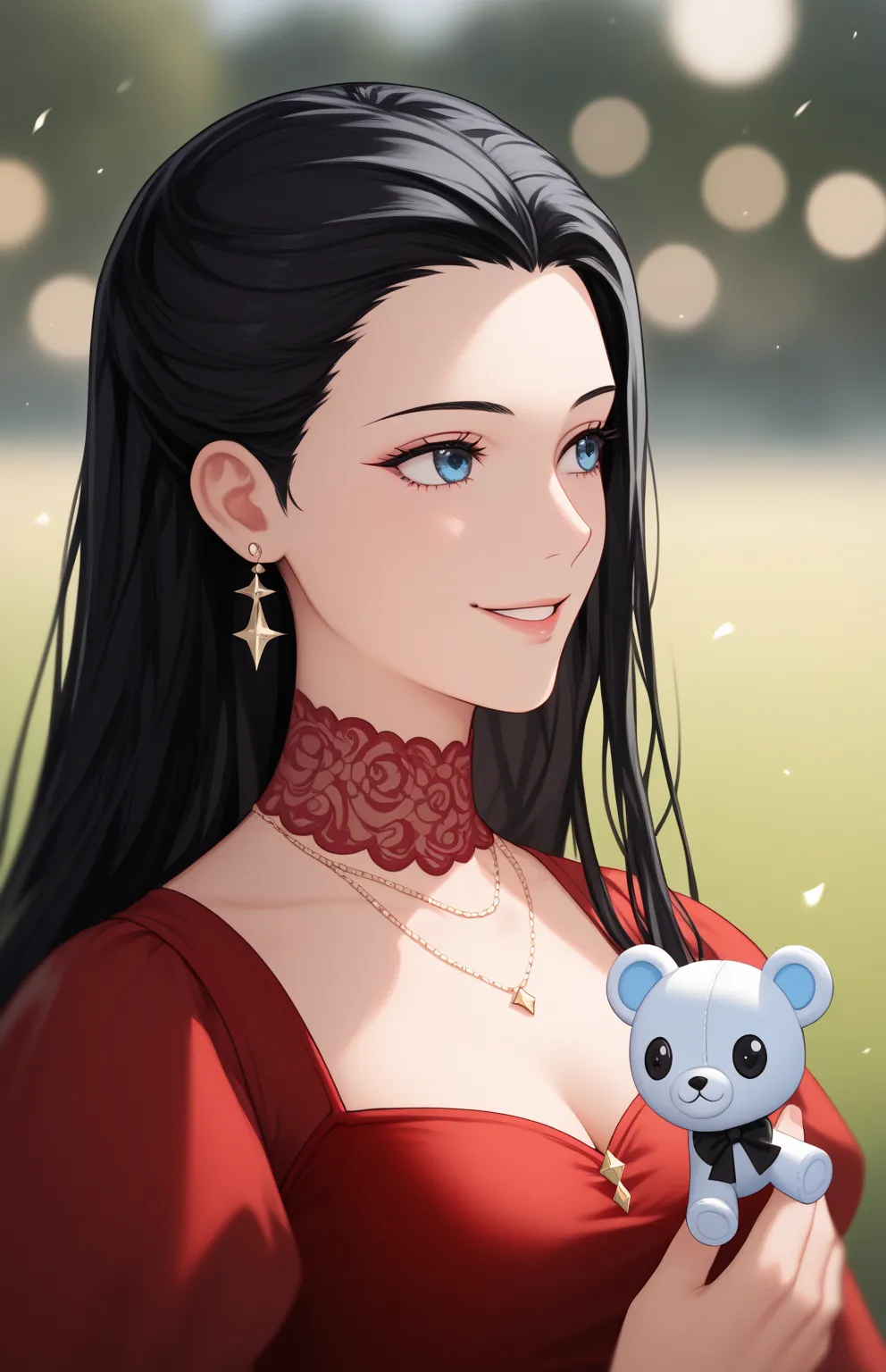 1 , strap dress, sensual red dress, black Hair, blurry, blurry_ experience, blurry_primeiro plaNo, Seios GranThes, blue_eyes, fechado_boca, ProfundidaThe_The_field, toys, jewelry, far away_Hair,  looking for _No_ spectator ,  smile,  alone, upper_Body, rei...