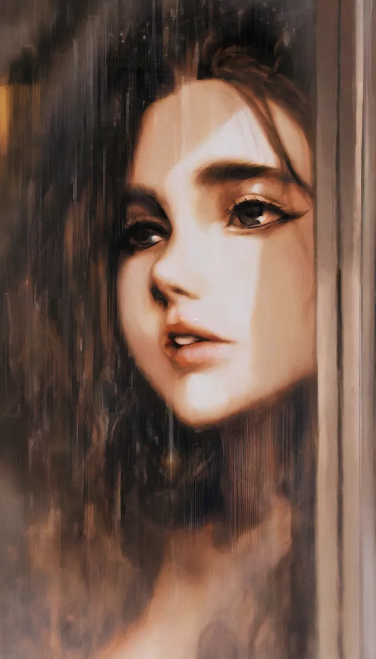 What happens when it rains?, a girl looking out the window as it rains, beautiful detailed eyes, beautiful detailed lips, extremely detailed eyes and face, longeyelashes, 1girl, digital painting, hyper detailed, moody atmosphere, rainy day, reflections on ...