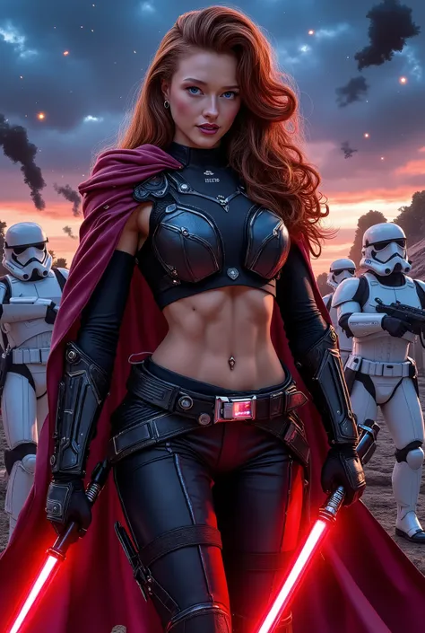 Phoebe as a Mara Jade Skywalker with perfect eyes with long red hair, dressed in tight leather turtleneck combat outfit with pauldrons, using a red lightsaber, a hooded cape, strong seductive makeup, bedroom eyes, cinematic lighting, photorealism, backgrou...