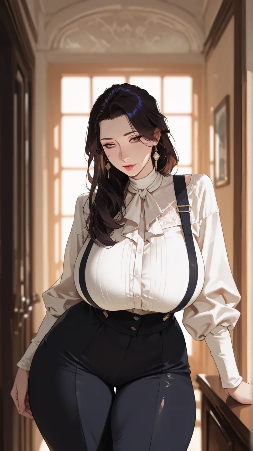 (masterpiece, best quality:1.2), (ultra-detailed, high-res), ((huge breast)), ((wide hips)), ((thick thighs))
NSFW anime-style portrait of an elegant adult woman,
long dark hair loosely styled, subtle warm expression,
wearing a crisp white blouse with blac...