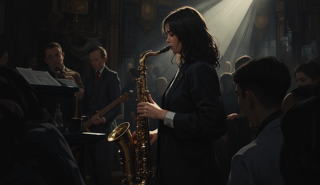 A jazz musician in a sharp suit plays the saxophone on a stage surrounded by darkness, she closes her eyes and is immersed in the music. The smoky room is filled with the low murmurs of the audience, enchanted by the sweet melody. Her fingers dance deftly ...