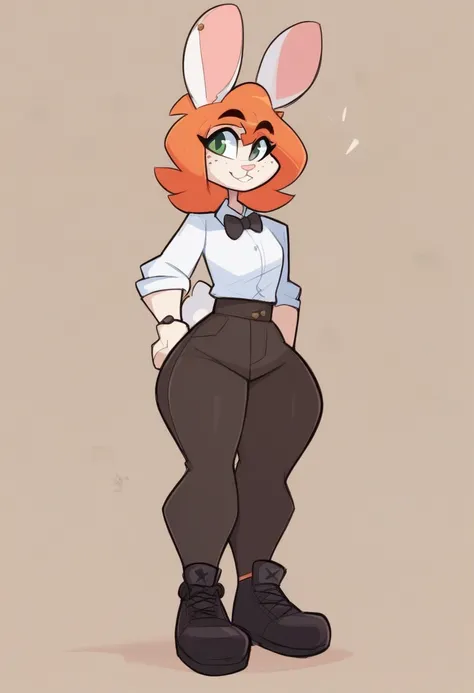 Kilinah, White Rabbit, With A Small Rabbit Tail, white shirt detective unfrom, With brown Details, black pants, With Red Details ,black shoes , Orange Hair, Freckles On Her Face,Green Eyes, And Small Black Eyebrows, She 5'0 Tall,big boobs,big rabbit ears,r...