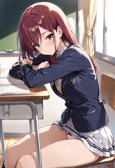 ((masterpiece, best quality, ultra detailed, high resolution, beautiful detailed face, beautiful detailed eyes, perfect hands, 4K)), (1 girl, solo), (school uniform, blazer, mini skirt), (show panties), studying at a desk, sit on chair, (inside classroom),...