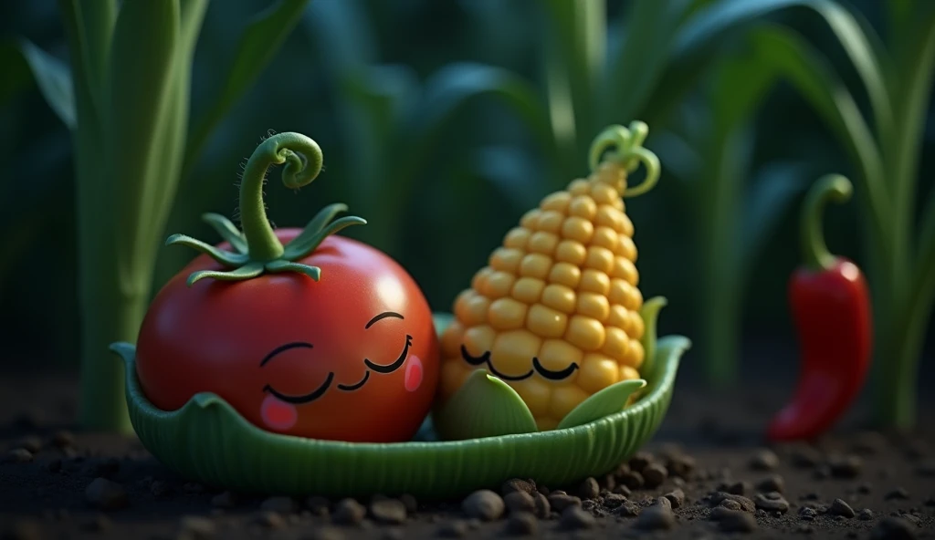 Prompt (İngilizce):
"A cozy vegetable garden at night with one tomato, one corn, and one pepper, each on their own plant. They all have eyes and a mouth and are peacefully sleeping. The tomato rests on a vine, the corn on a tall stalk, and the pepper hangs...