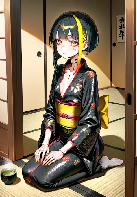 sfw, gyaru, cyberpunk future, solo girl, black hair, streaked gold hair, small breast, [emaciated:1.3], hungry, digital pattern kimono, black kimono, seiza, no shoes, cyber tatami, only one green tea in tea_bowl, tyasen,