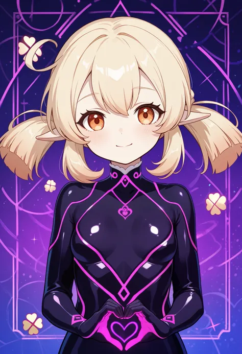 Klee. Genshin Impact. Appearance: pale skin, orange eyes, blonde hair in pigtails, and elf ears.  |  bodysuit, heart hands, abstract background, neon, smile, looking at viewer, face focus. small breasts
